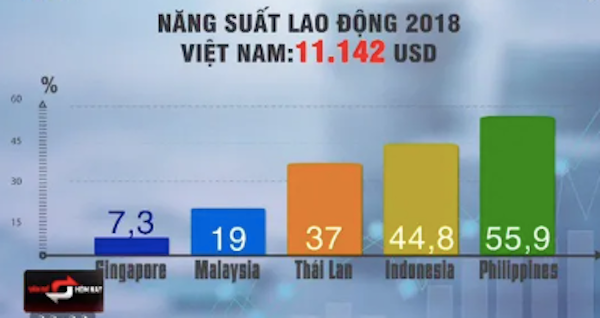 NSLĐ của Việt Nam chỉ bằng 7,3% mức năng suất của Singapore, 19% của Malaysia, 37% của Thái Lan, 44,8% của Indonesia và bằng 55,9% năng suất lao động của Philippines.