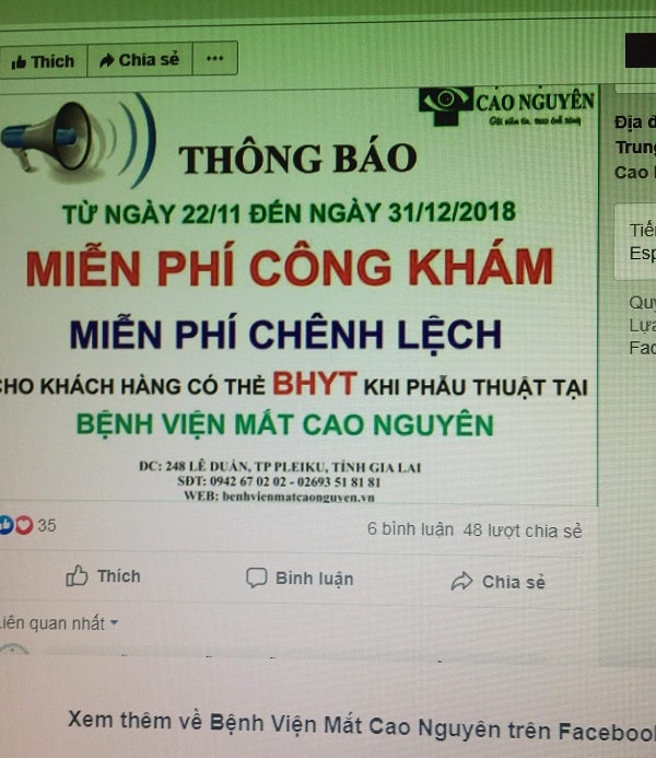 Bệnh viện Mắt Cao Nguyên đưa thông tin lên trang facebook khiến nhiều người nhầm tưởng là họ được điều trị miễn phí