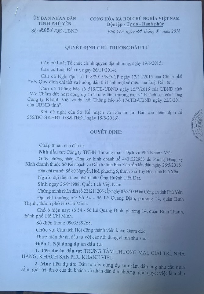 Quyết định số 2038/QĐ- UBND ngày 29/08/2016, UBND tỉnh Phú Yên đã chấp thuận chủ trương cho doanh nghiệp được đầu tư, triển khai xây dựng