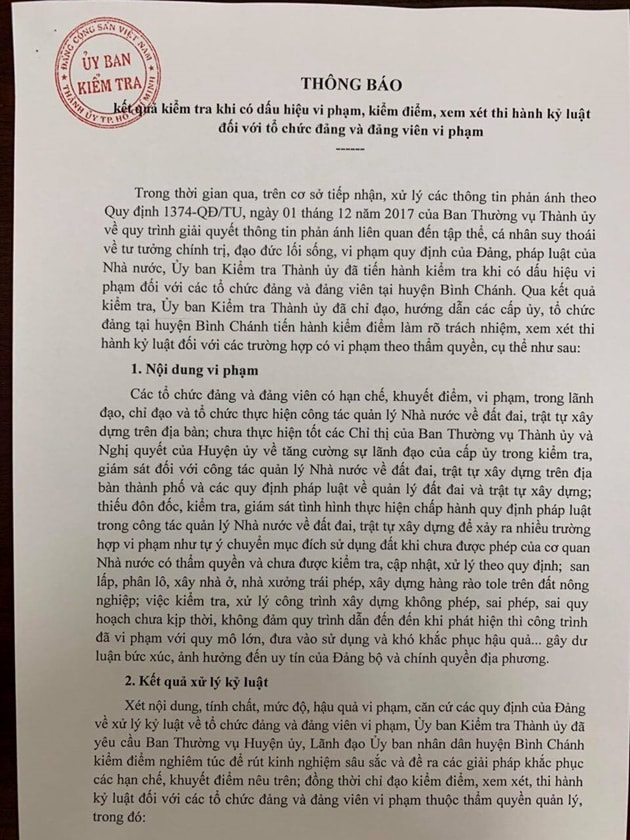 UB Kiểm tra Thành ủy, cho rằng: “xét nội dung, tính chất, mức độ, hậu quả vi phạm, căn cứ các quy định của Đảng về xử lý kỷ luật về tổ chức đảng và đảng viên vi phạm, yêu cầu Ban Thường vụ Huyện ủy, lãnh đạo UBND huyện Bình Chánh kiểm điểm nghiêm túc để rút kinh nghiệm sâu sắc 