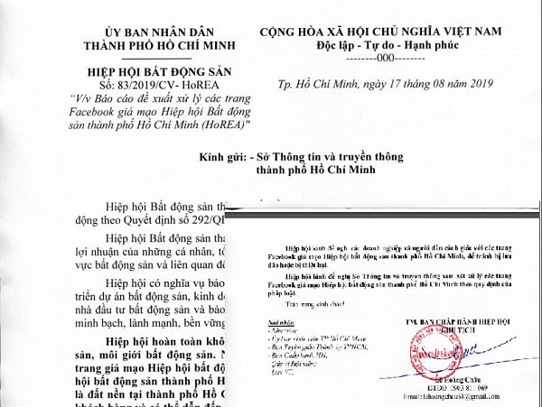 HoREA ra công văn gửi đến các cơn quan báo cáo về tình trạng bị giảo mạo