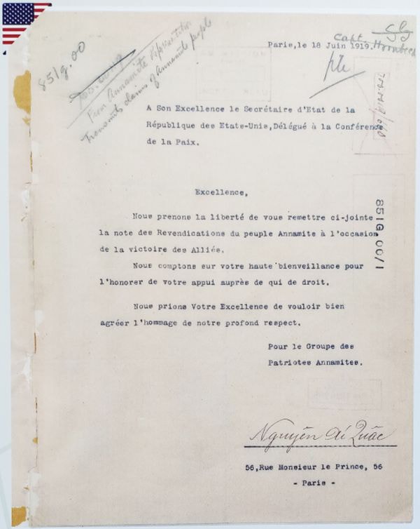 Thư của Nguyễn Ái Quốc gửi Ngoại trưởng Hoa Kỳ Robert Lansing ngày 18/6/1919. Tài liệu: Lưu trữ Quốc gia Hoa Kỳ