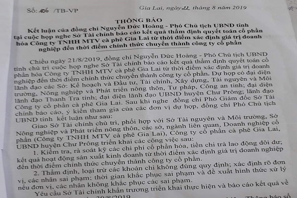 Thông báo kết luận của Phó Chủ tịch UBND tỉnh Gia Lai về việc làm rõ sai phạm đơn vị, cá nhân; đề xuất hình thức xử lí và báo cáo tỉnh trước ngày 30/8.