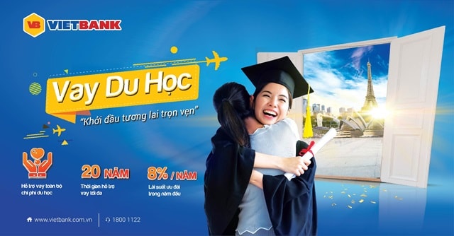 Vietbank triển khai gói vay du học với lãi suất 8%/năm và thời gian vay lên đền 20 năm.