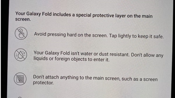 Những dòng cảnh báo từ Samsung cho thấy màn hình vẫn là điểm yếu nhất của chiếc Galaxy Fold.