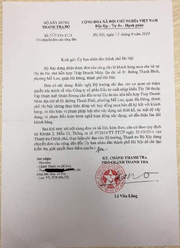 Thanh tra Bộ Xây dựng đã có công văn chỉ đạo giải quyết vi phạm tại dự án Tháp Doanh nhân