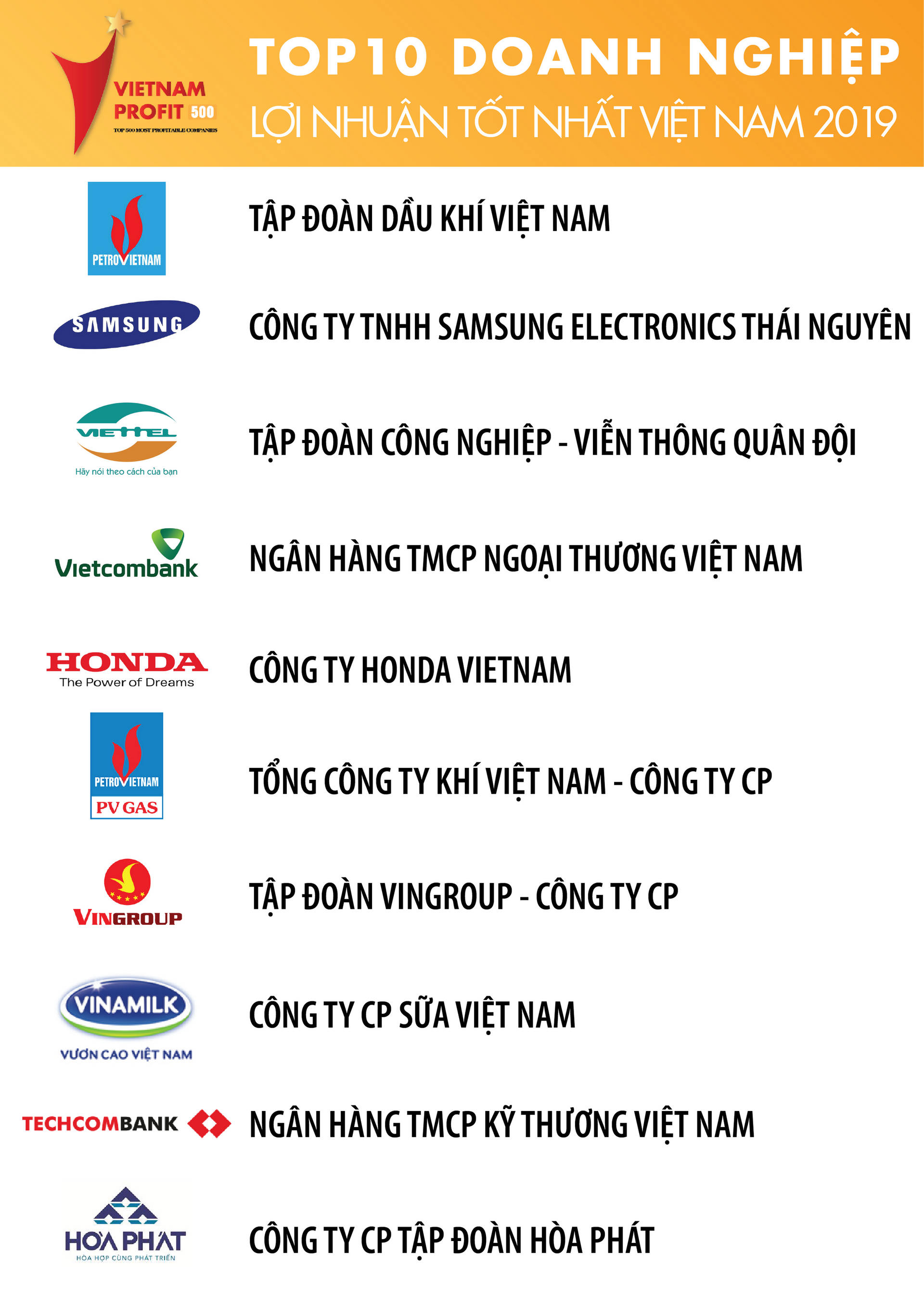 Top 10 doanh nghiệp đứng đầu Pofit500 2019