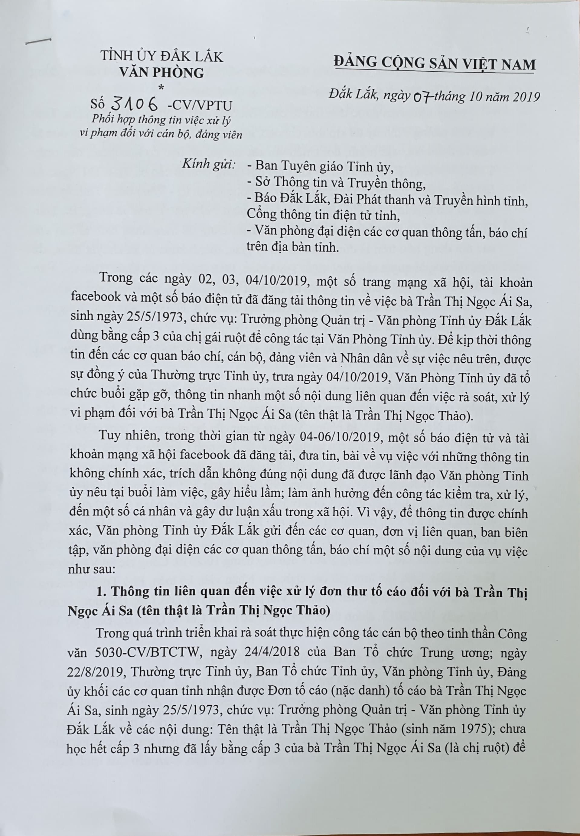 Văn bản của Tỉnh ủy Đắk Lắk cho rằng một số báo điện tử, mạng xã hội facebook thông tin chưa đúng, chính xác.