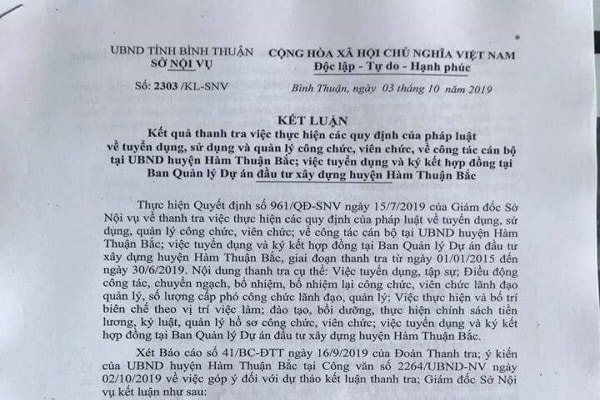 Kết luận Thanh tra của Sở Nội vụ tỉnh Bình Thuận chỉ ra nhiều thiếu sót đối với UBND huyện Hàm Thuận Bắc