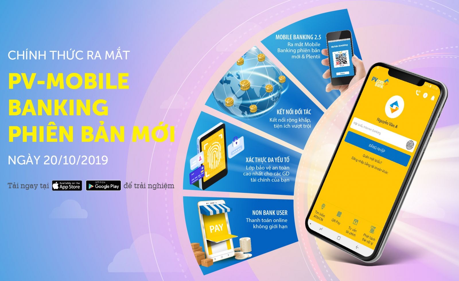 Điểm nổi bật của phiên bản mới ứng dụng PV-MobileBanking đó là việc bảo mật an toàn thông tin bằng cách đăng nhập vân tay hoặc Face ID...