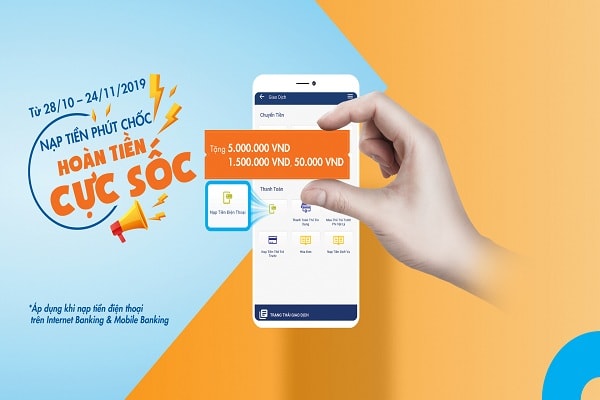 Từ ngày 28/10/2019 đến hết ngày 24/11/2019, Sacombank triển khai chương trình khuyến mãi “Nạp tiền phút chốc – Hoàn tiền cực sốc”.