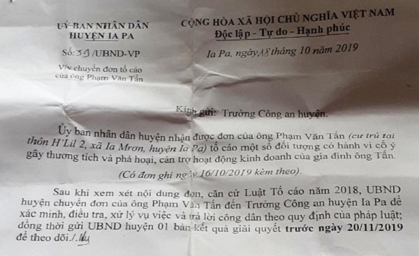 3.Đơn của anh Phạm Văn Tấn được Chủ tịch huyện chuyển đến Công an huyện