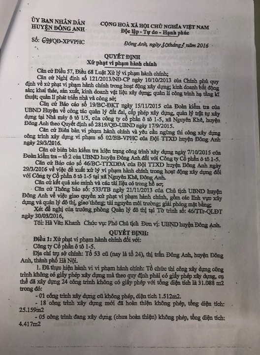 UBND huyện Đông Anh từng ban hành Quyết định số: 699/QĐ-XPVPHC về việc xử phạt vi phạm hành chính ngày 30/3/2016.