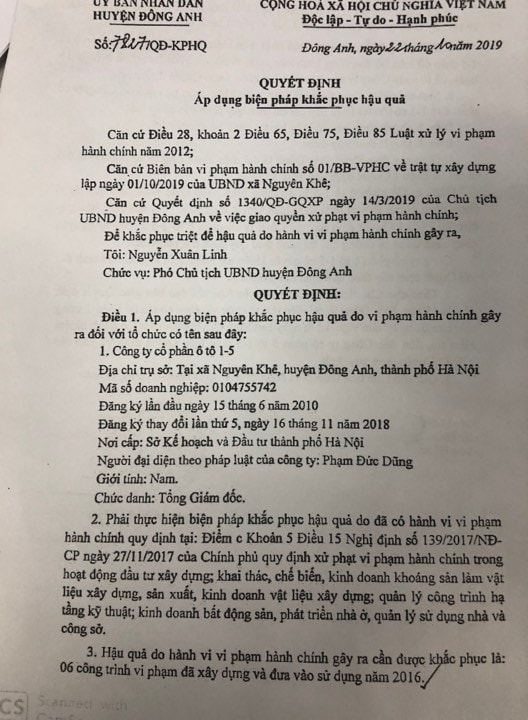 : Quyết định cưỡng chế áp dụng biện pháp khắc phục hậu quả buộc phá dỡ đối với các công trình ngày 22/10/2019.