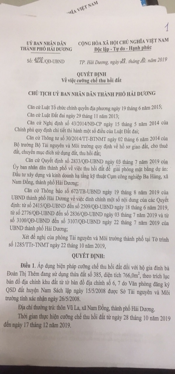 UBND thành phố Hải Dương đã ra Quyết định cưỡng chế 51 hộ dân chưa bàn giao đất để thực hiện dự án cụm công nghiệp Ba Hàng.