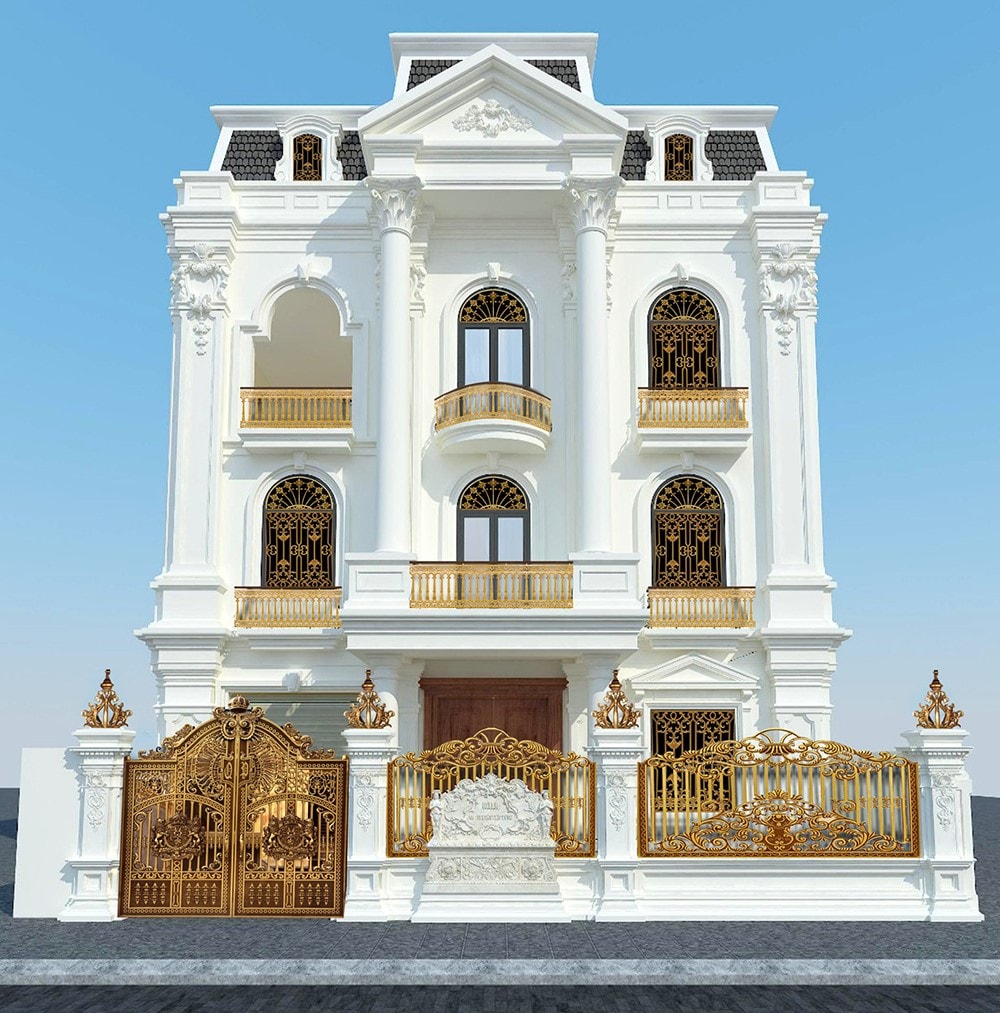 Những cánh cổng nhôm đúc là điểm nhấn nổi bật của cả công trình