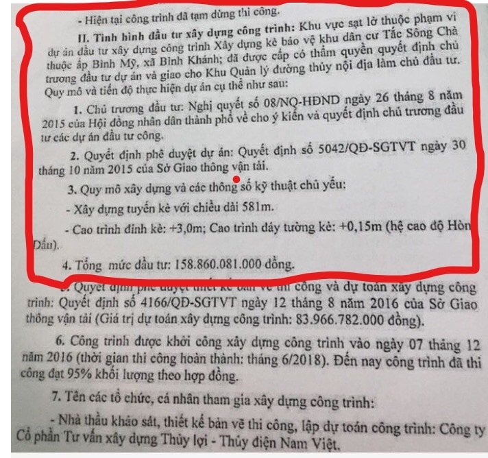 Dự án được khởi công tháng 12/2016, có tổng mức đầu tư gần 160 tỷ đồng, trong đó phí xây lắp là 57,4 tỷ đồng. Và trong dự án này, Công ty Cổ phần Xây dựng đê kè và phát triển nông thôn Hải Dương (địa chỉ, số 1 đường Thanh Niên, thành phố Hải Dương, tỉnh Hải Dương), 