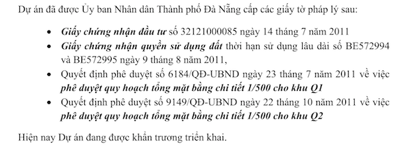 Một đoạn trong hồ sơ pháp lý dự án ban hành năm 2011