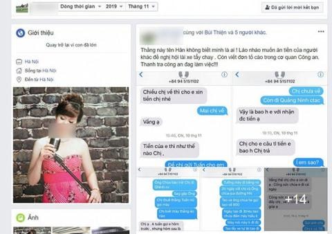 Trung tá L. cũng bức xúc đăng thông tin và hình ảnh chụp tin nhắn qua lại giữa 2 người lên trang facebook cá nhân. Ảnh: VTC News