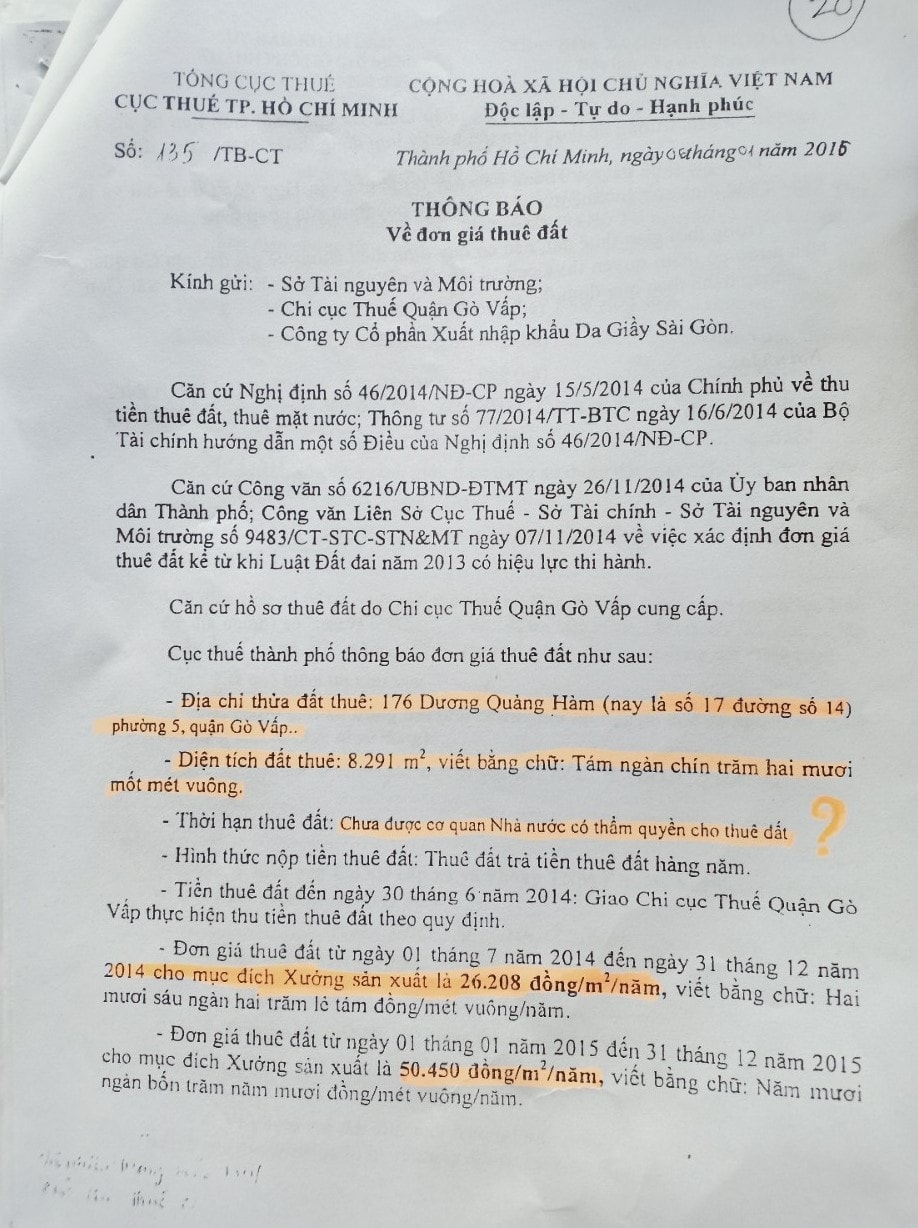 với khu đất 8.291m2 mà các đối tượng môi giới đang giao bán “chưa được cơ quan Nhà nước có thẩm quyền cho thuê đất kể từ năm 2015 (theo thông báo 135)”. Thế nhưng, Cty Da Giầy Sài Gòn vẫn ngang nhiên cho Công ty TNHH Sedo Vina thuê với giá 16.500 USD/tháng (tương đương 363 triệu/tháng)