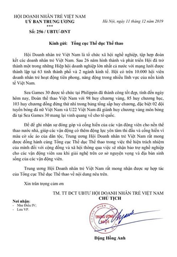 Công văn Doanh nhân trẻ Việt Nam gửi Tổng cục Thể dục Thể thao