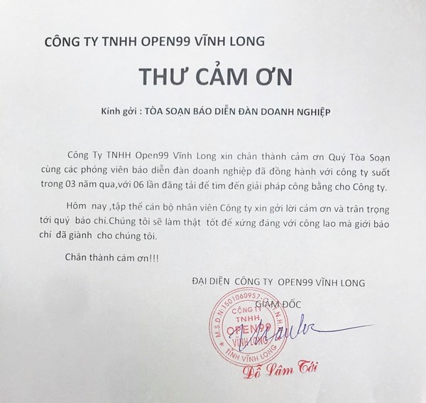 Giám đốc Công ty Open 99 Vĩnh Long gởi thư cảm ơn đến các cơ quan truyền thông.