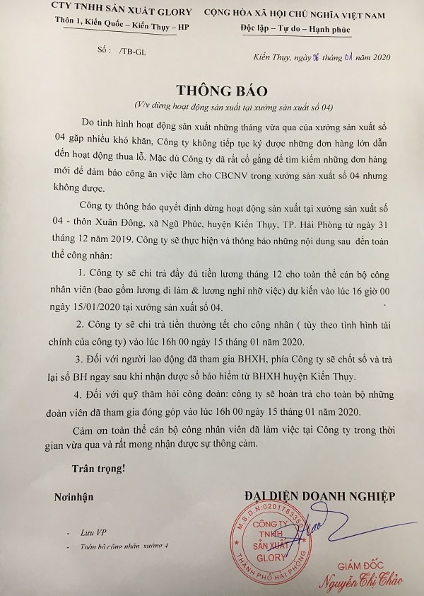 Thông báo của Công ty Glory