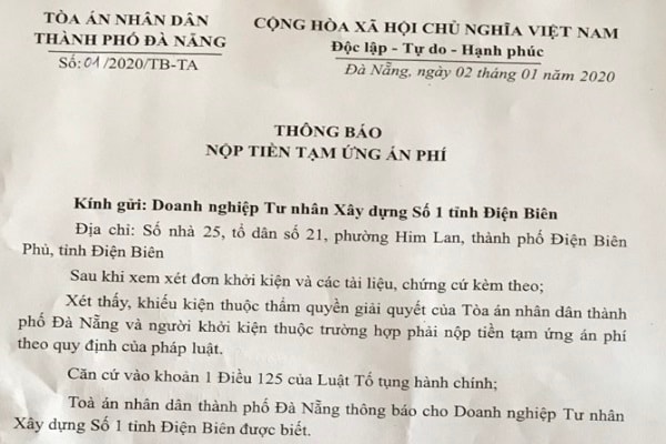 văn bản Số 01/2020/TB-TA thông báo nộp tiền tạm ứng án phí