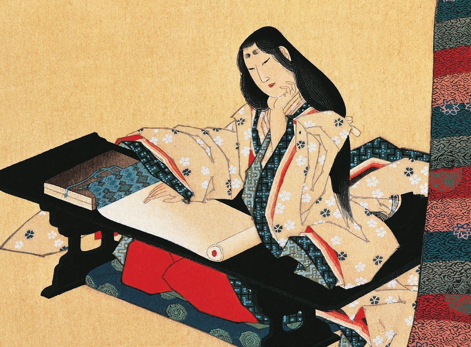 Murasaki Shikibu, tác giả cuốn tiểu thuyết đầu tiên của nhân loại. (Tranh lụa của De Agostini)