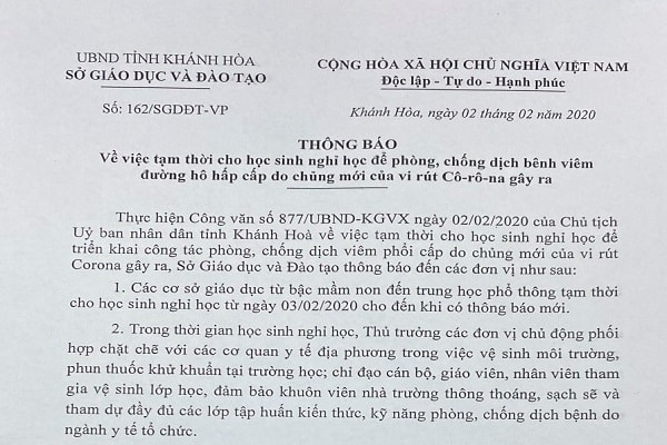 Sở Giáo dục và Đào tạo Khánh Hòa thông báo cho học sinh nghỉ học để phòng chống dịch Corona