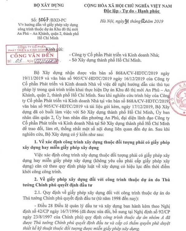 Văn bản của Bộ Xây dựng trả lời liên quan đến các kiến nghị tháo gỡ khó khăn cho chủ đầu tư dự án khu đô thị An Phú-An Khánh