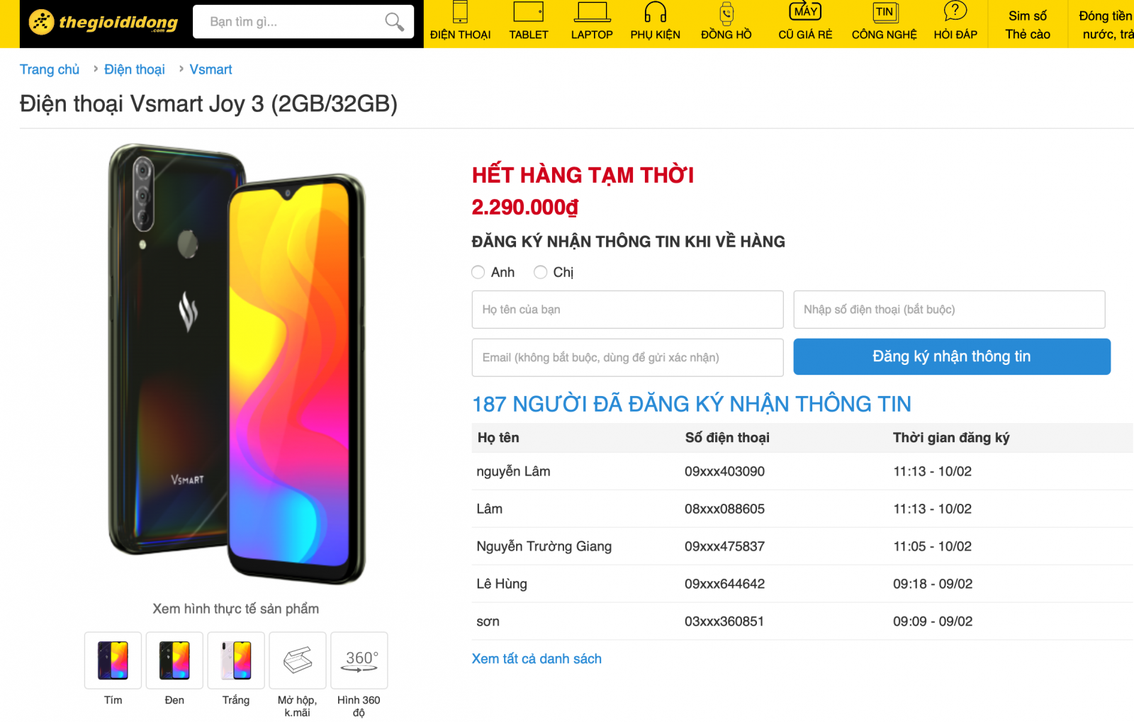 Các hệ thống siêu thị điện thoại lớn như Thế Giới Di Động, Hoàng Hà Mobile... đều thông báo hết hàng Vsmart Joy 3 điều hiếm hoi trong ngày đầu ra mắt.