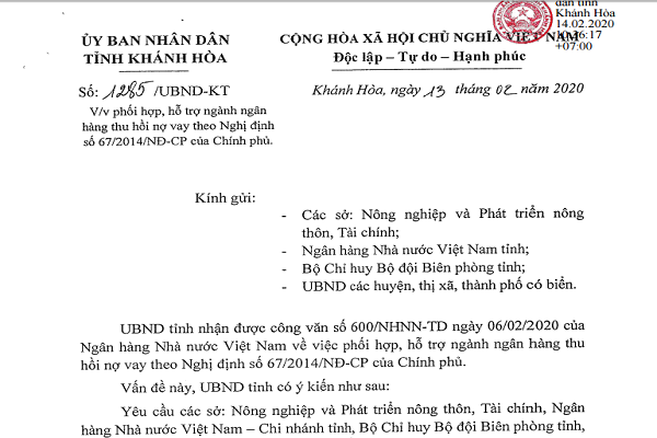 UBND tỉnh Khánh Hòa yêu cầu các Sở ngành hỗ trợ ngân hàng thu hồi nợ theo Nghị định 67 