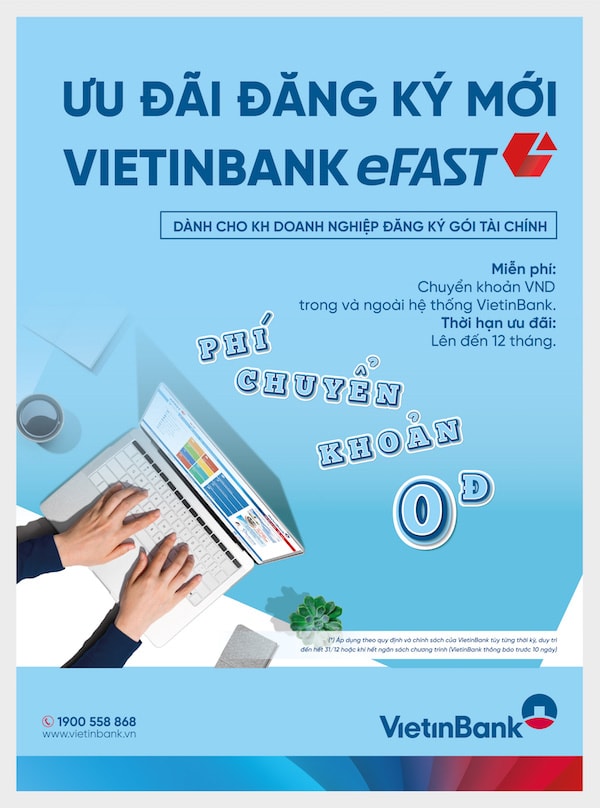 Đầu năm 2020, VietinBank đã triển khai “combo” ba chương trình ưu đãi dành cho doanh nghiệp với thời hạn lên đến 12 tháng nhằm khuyến khích doanh nghiệp trải nghiệm những lợi ích từ VietinBank eFAST 