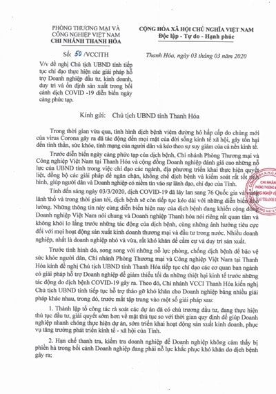 CV của VCCI Thanh Hóa gửi Chủ tịch UBND tỉnh Thanh Hóa