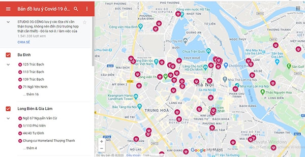 “Bản đồ lưu ý Covid-19 ở Hà Nội” được tạo ra từ công cụ Google My Maps