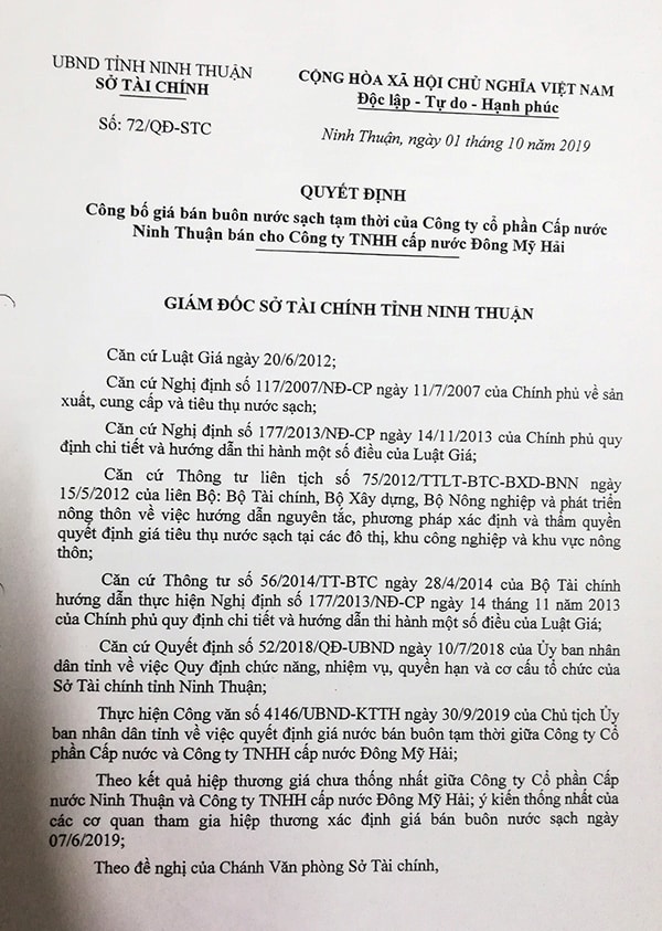 p/Quyết định công bố giá nước tạm tính của Sở Tài chính