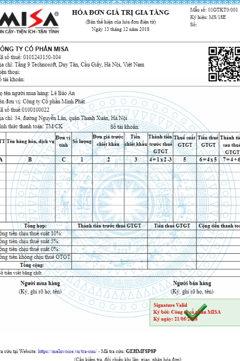 Mẫu hóa đơn điện tử giá trị gia tăng theo Thông tư 32/2011/TT-BTC của Công ty CP MISA