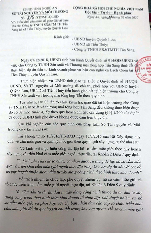 p/Văn bản số 816 ngày 27/02/2020 của Sở TNMT Nghệ An giao chủ đầu tư phải tự cắm mốc ngoài thực địa