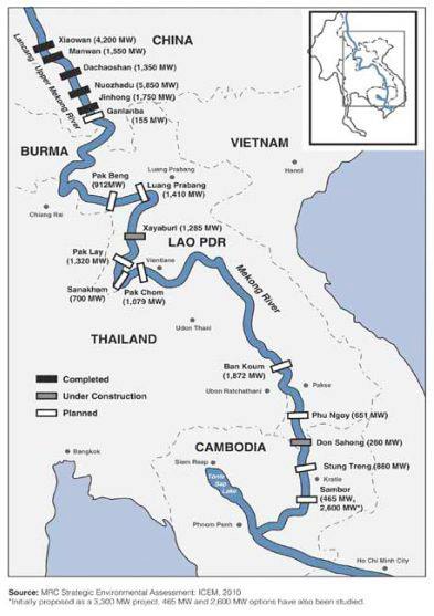 bảng đồ phát triển thủy điện trên dòng chính sông Mê Kông.