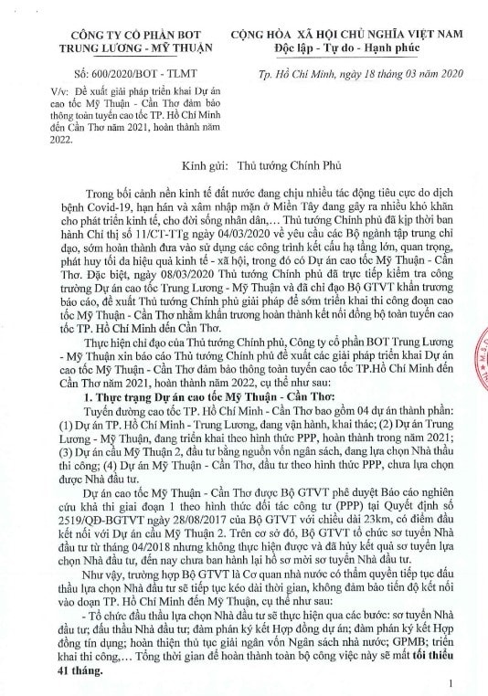 Công ty cổ phần BOT Trung Lương - Mỹ Thuận xin báo cáo Thủ tướng Chính phủ đề xuất các giải pháp triển khai Dự án cao tốc Mỹ Thuận - cần Tho
