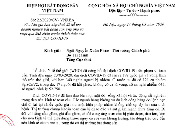 Công văn được Hiệp hội Bất động sản Việt Nam gửi đi mới đây