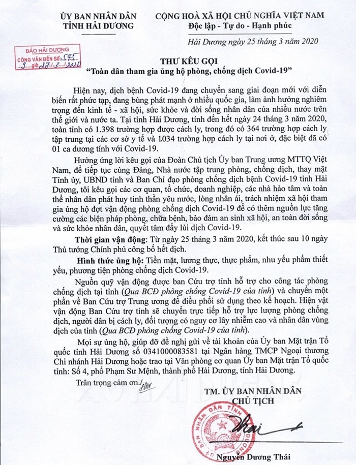 Chủ tịch UBND tỉnh Nguyễn Dương Thái đã gửi thư kêu gọi toàn dân tham gia ủng hộ phòng chống dịch Covid-19.