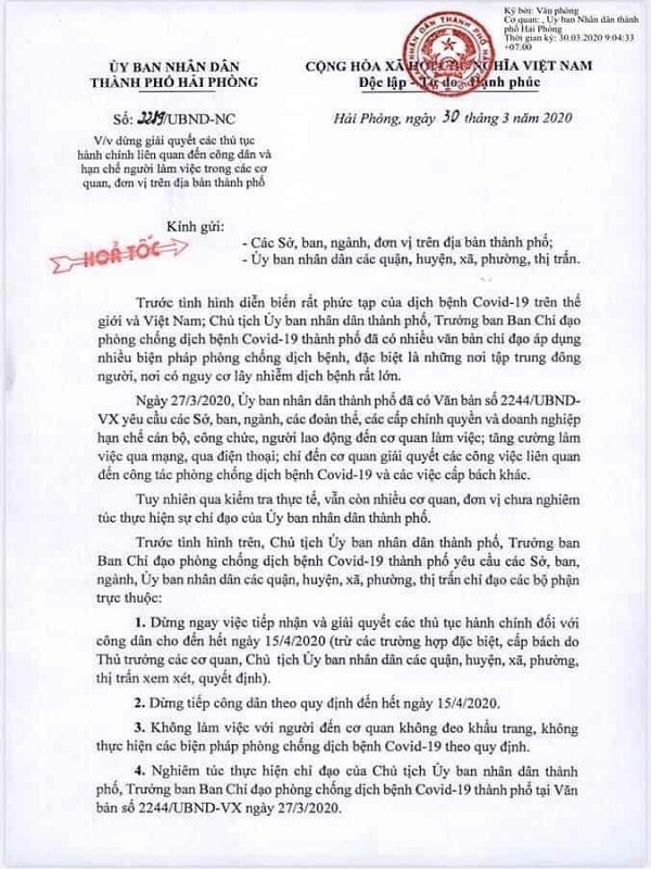 Văn bản hỏa tốc của UBND TP Hải Phòng về việc dừng giải quyết các thủ tục hành chính liên quan đến công dân và hạn chế người làm việc trong các cơ quan, đơn vị trên địa bàn thành phố.