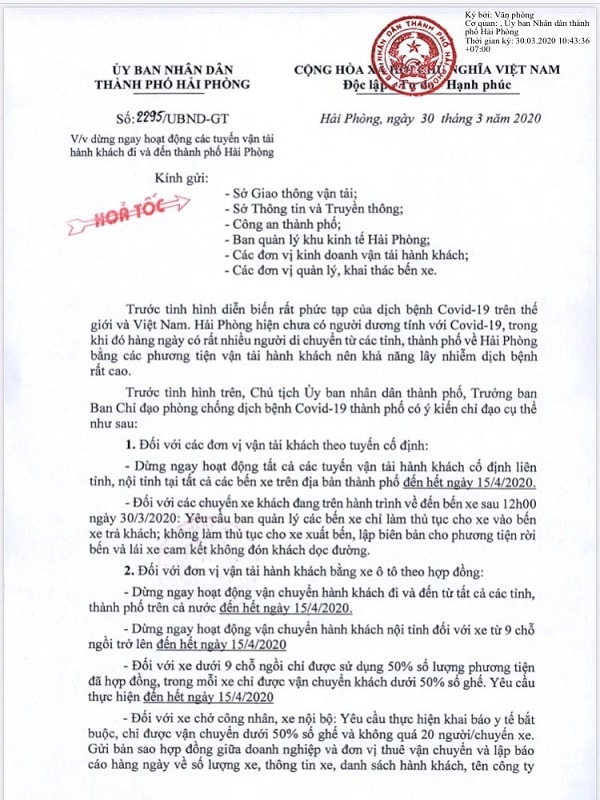 Văn bản hỏa tốc của TP Hải Phòng yêu cầu dừng ngay hoạt động vận tải đi và đến Hải Phòng