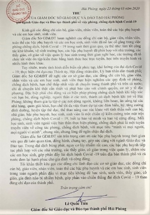 Bức tâm thư ông Lê Văn Tiến gửi đến học trò toàn thành phố.