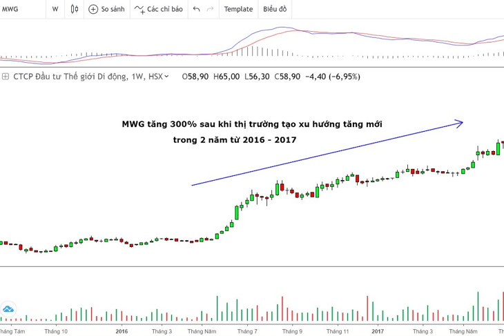 MWG đã có mức tăng hơn 300% trong 2 năm 2016 và 2017, khi thị trường bước vào chu kỳ tăng giá mới sau giai đoạn khó khăn nhất của TTCK Việt Nam.