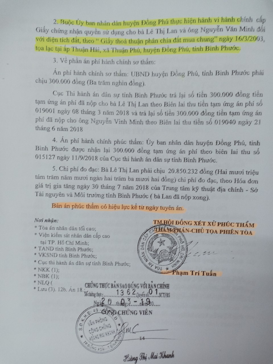 Bản án phúc thầm số 55/2019/HC-PT, ngày 28/01.2019 của Tòa án nhân dân cấp cao TP.HCM