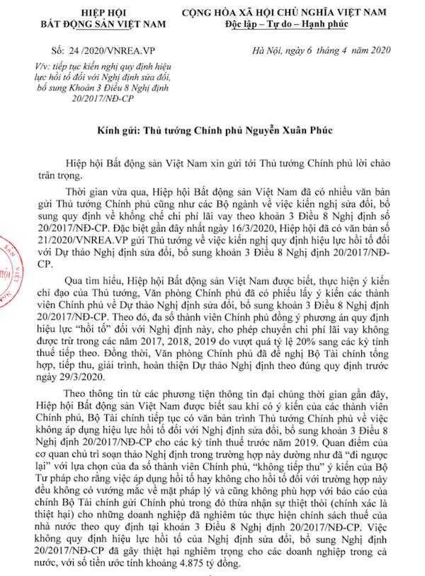 Công văn Hiệp hội Bất động sản Việt Nam gửi Thủ tướng Chính phủ mới đây