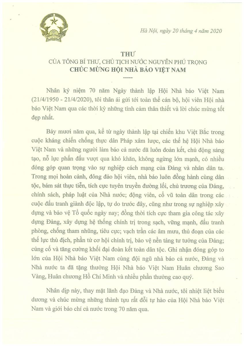  Tổng Bí thư, Chủ tịch nước Nguyễn Phú Trọng gửi thư chúc mừng Hội Nhà báo Việt Nam